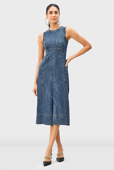 Shop Vintage wash cotton denim empire A line dress eShakti