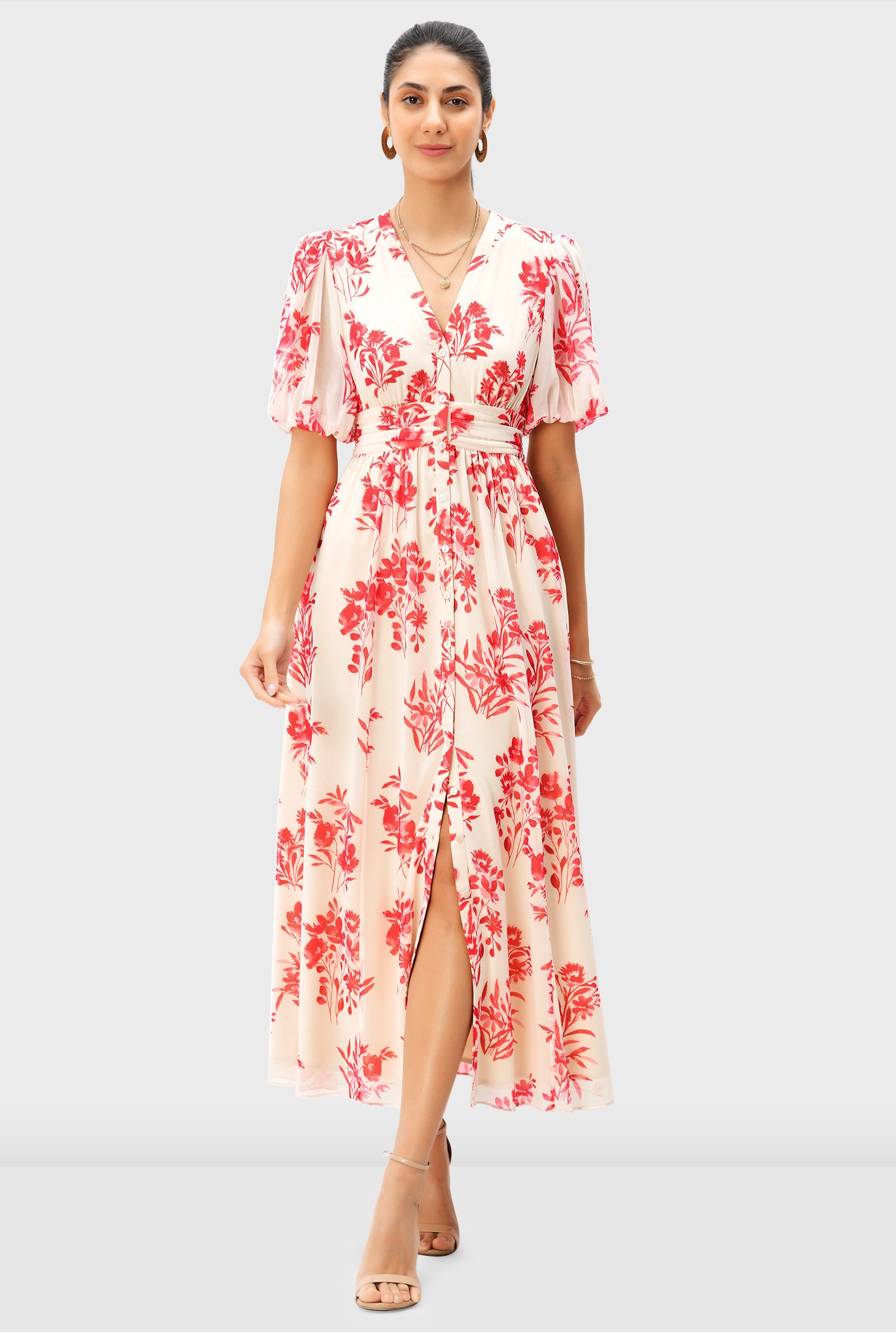 Pleat waist floral print georgette dress