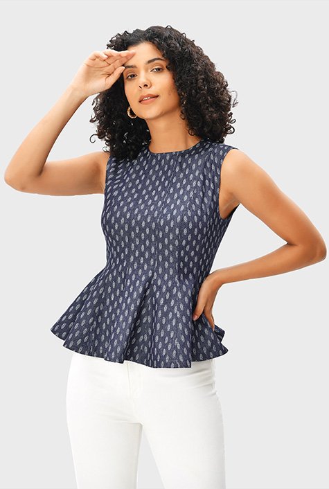 Leaf print cotton chambray seamed peplum top