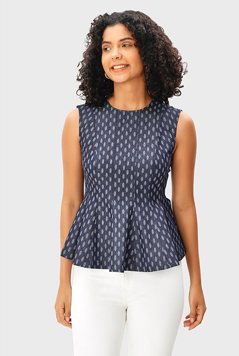 Shop Leaf print cotton chambray seamed peplum top | eShakti