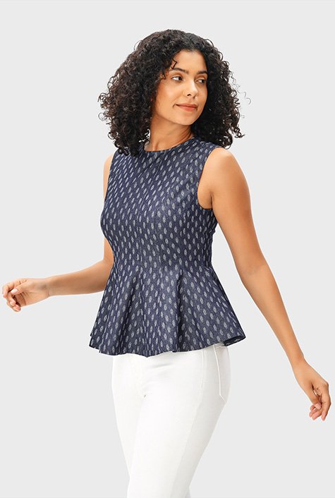 Shop Leaf print cotton chambray seamed peplum top | eShakti