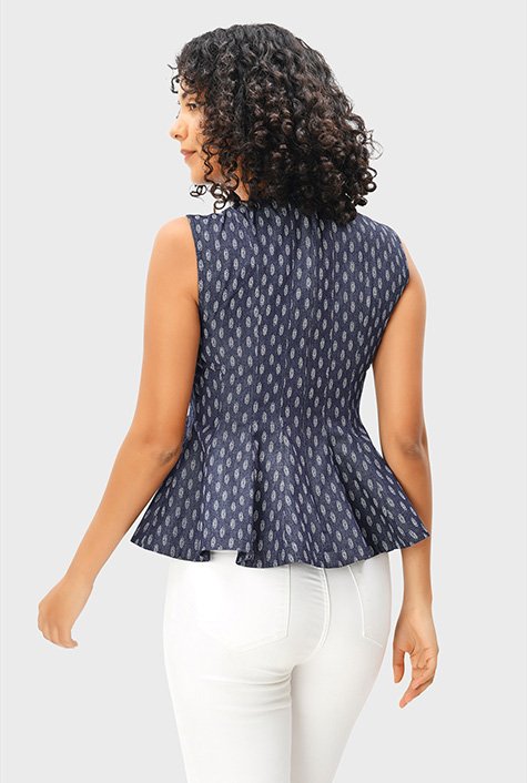 Shop Leaf print cotton chambray seamed peplum top | eShakti