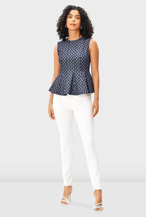 Shop Leaf print cotton chambray seamed peplum top | eShakti