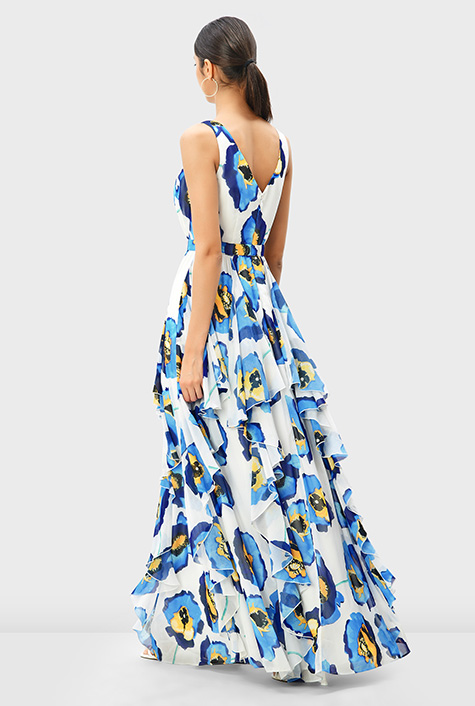 Shop Ruffle cascade floral print georgette maxi dress | eShakti