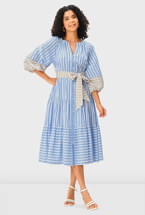 Shop Two-tone cotton stripe tiered shirt dress