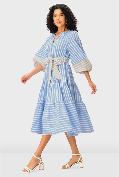 Shop Two-tone cotton stripe tiered shirt dress