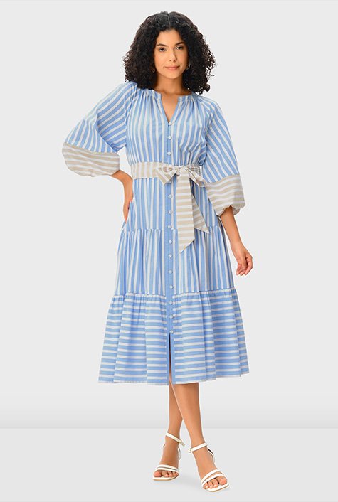 Shop Two-tone cotton stripe tiered shirt dress | eShakti
