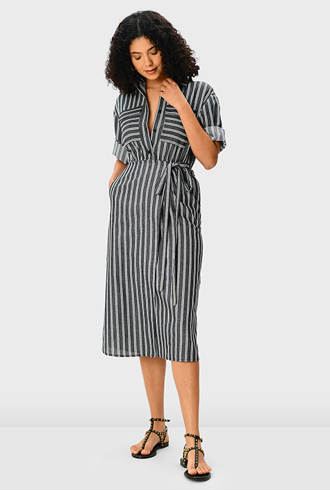 Shop Stripe linen cotton tie waist dress | eShakti