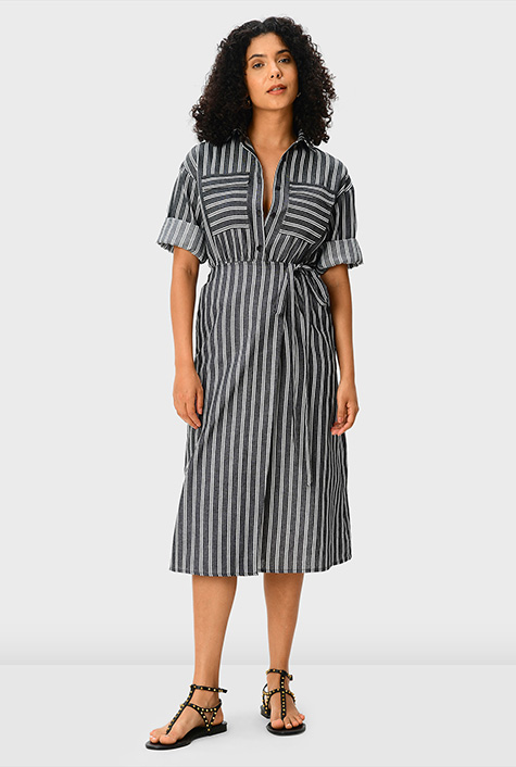 Shop Stripe linen cotton tie waist dress | eShakti