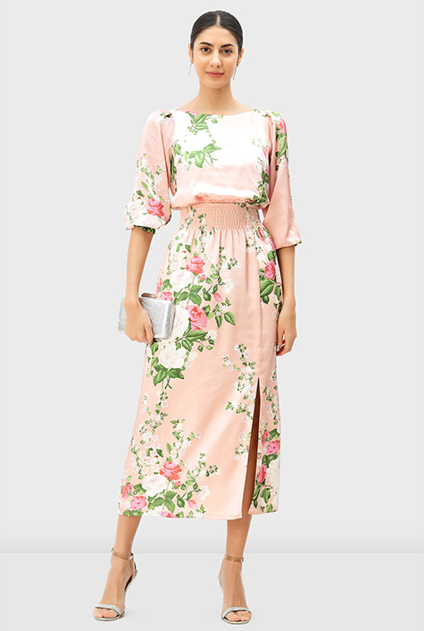 Shop Floral print satin blouson dress | eShakti