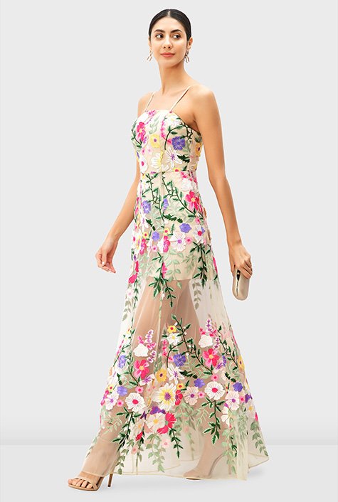 Shop Floral Embroidery Sheer Mesh Dress Eshakti