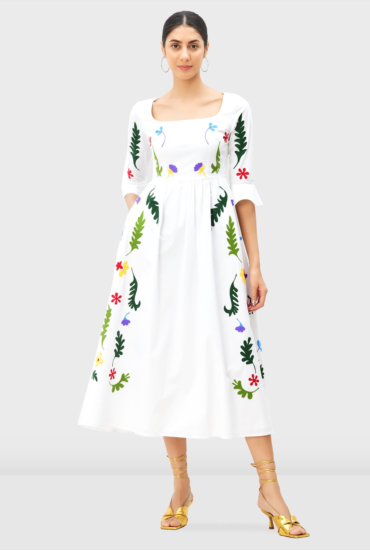 Shop Floral embroidery cotton poplin dress | eShakti