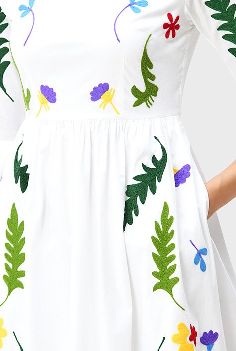 Shop Floral embroidery cotton poplin dress | eShakti
