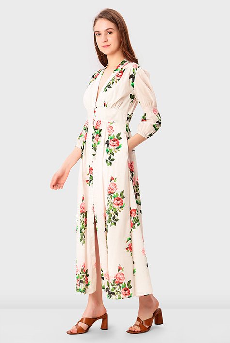 Shop Banded empire rose print cotton voile shirtdress | eShakti