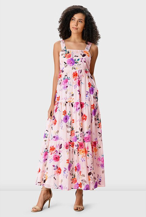 Watercolor floral print cotton voile tiered dress