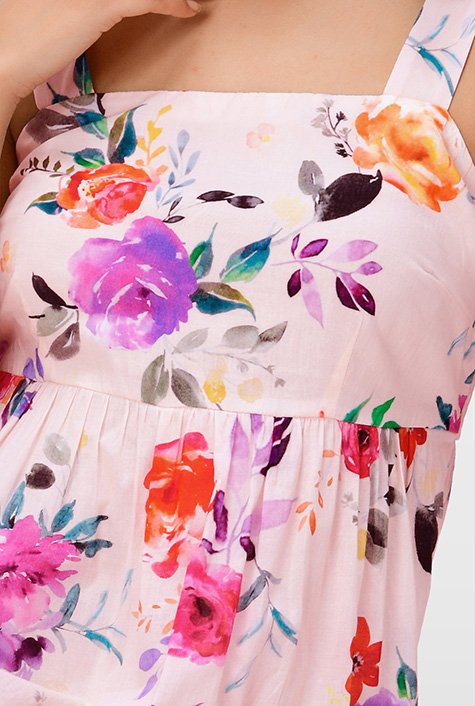 Watercolor floral print cotton voile tiered dress