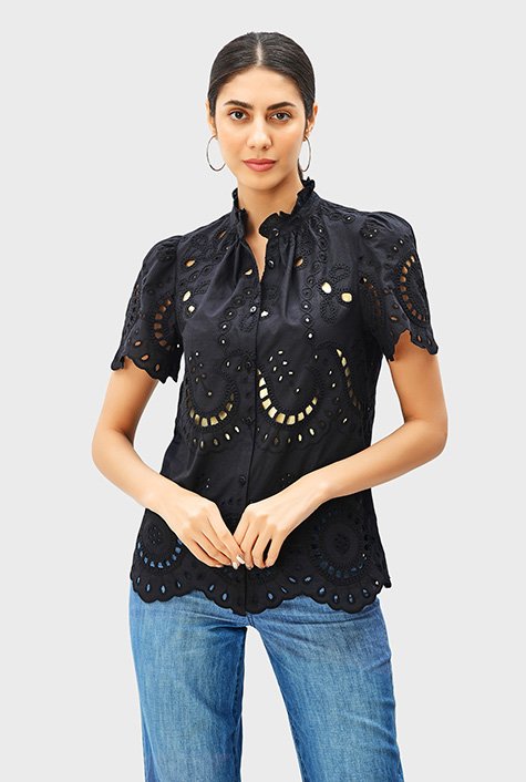 Tassel Tie Embroidered Blouse  Ladies tops fashion, Trendy