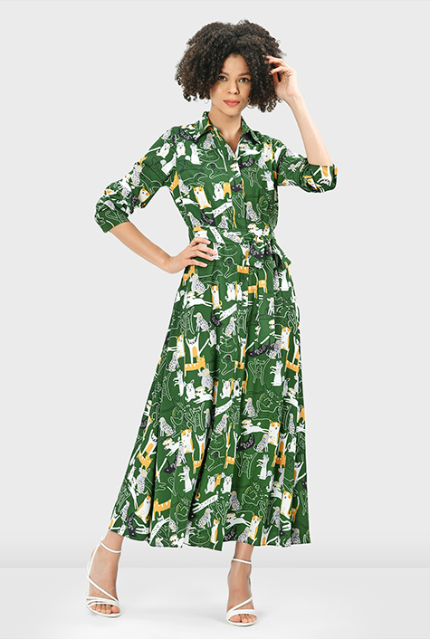 【関税&送料込】Ami Chalk Crepe Shirt Dress Shop Dog print crepe A-line shirt dress | eShakti