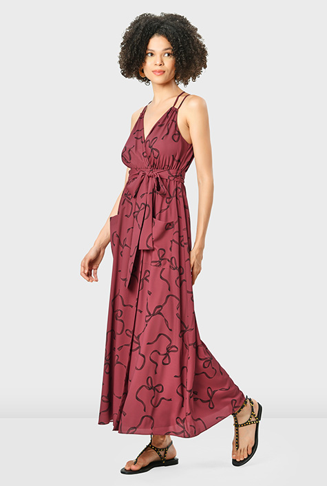 Shop Bow tie ribbon print crepe strappy surplice dress | eShakti
