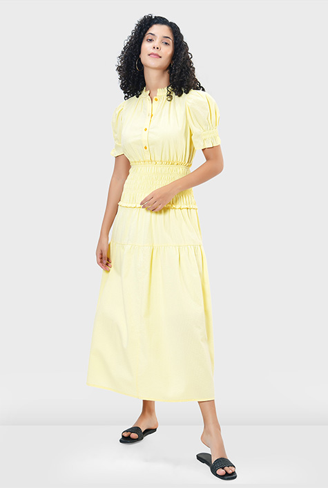 Shop Seersucker stripe cotton smocked waist dress | eShakti