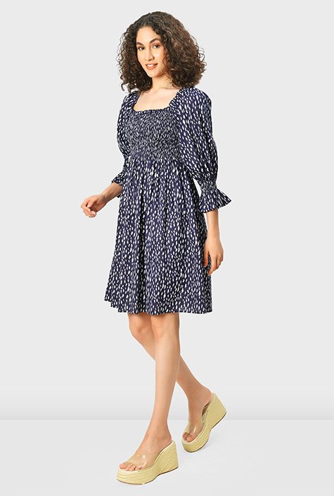 Puff sleeve graphic dot print cotton smocked dress