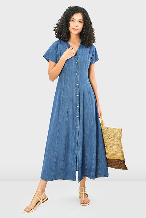 Shop Pieced medium wash cotton denim A line shirt dress eShakti