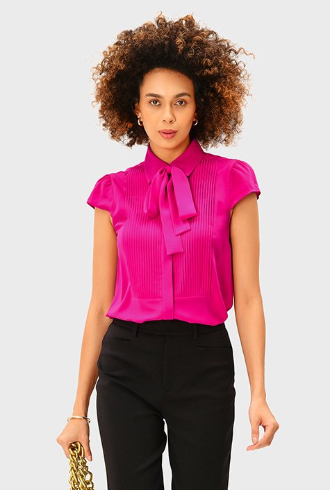 Tie neck pintuck pleat crepe shirt