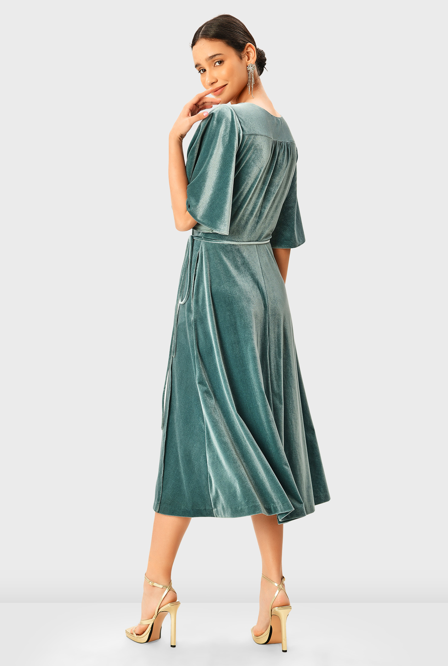 Shop Flutter sleeve stretch velvet wrap dress eShakti