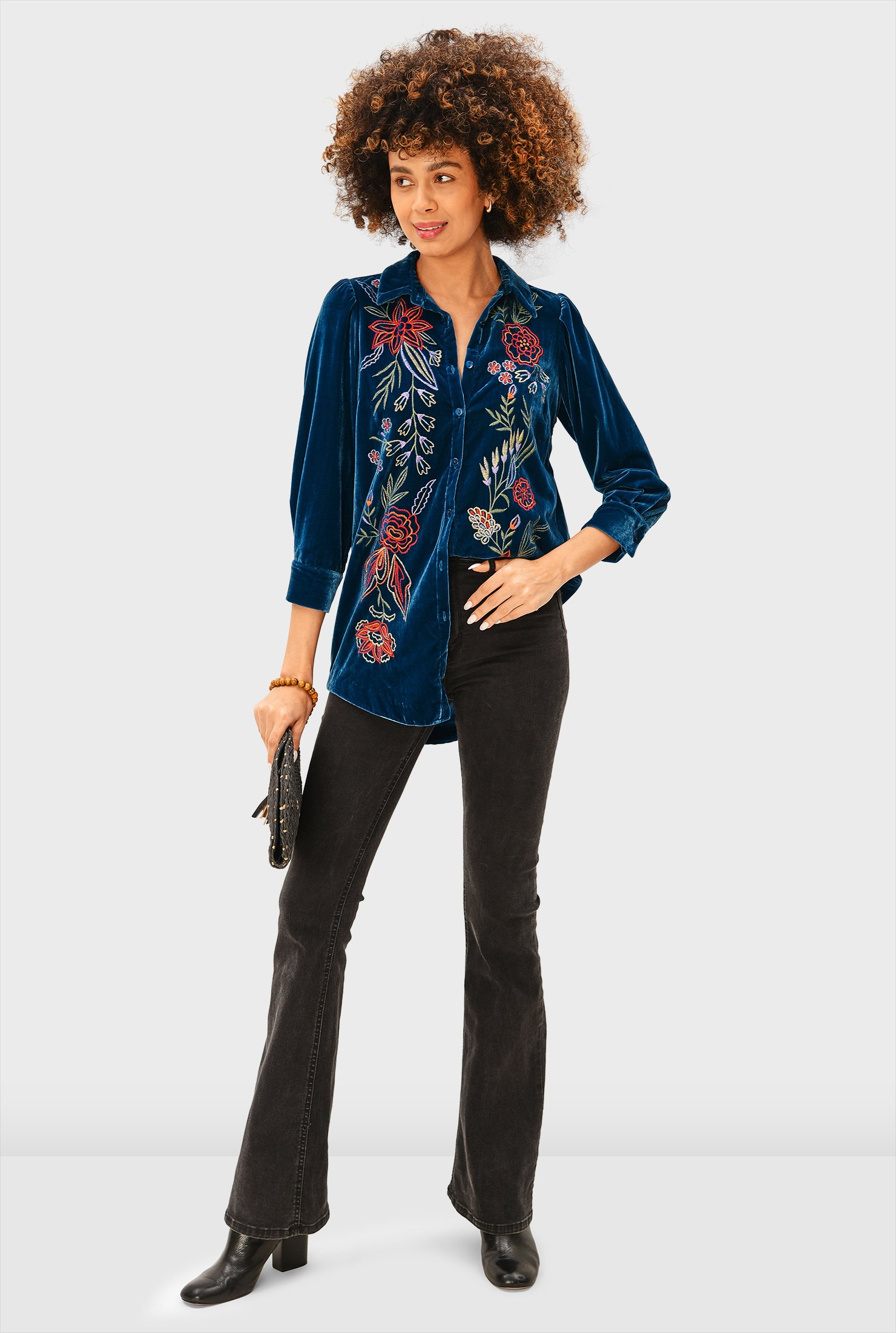 Shop Floral vine embroidery velvet shirt