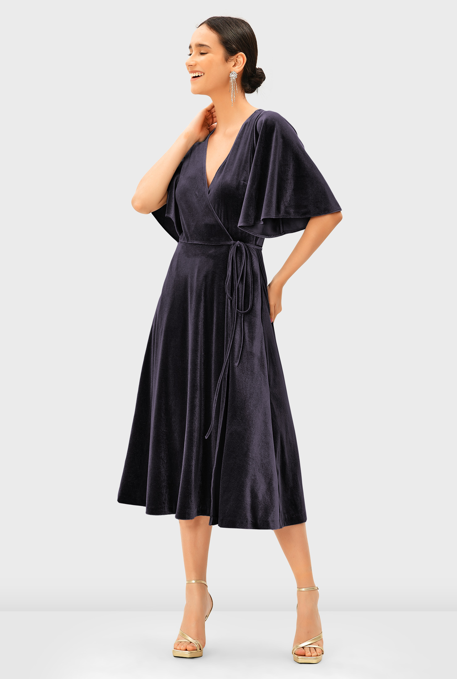 Shop Flutter sleeve stretch velvet wrap dress eShakti