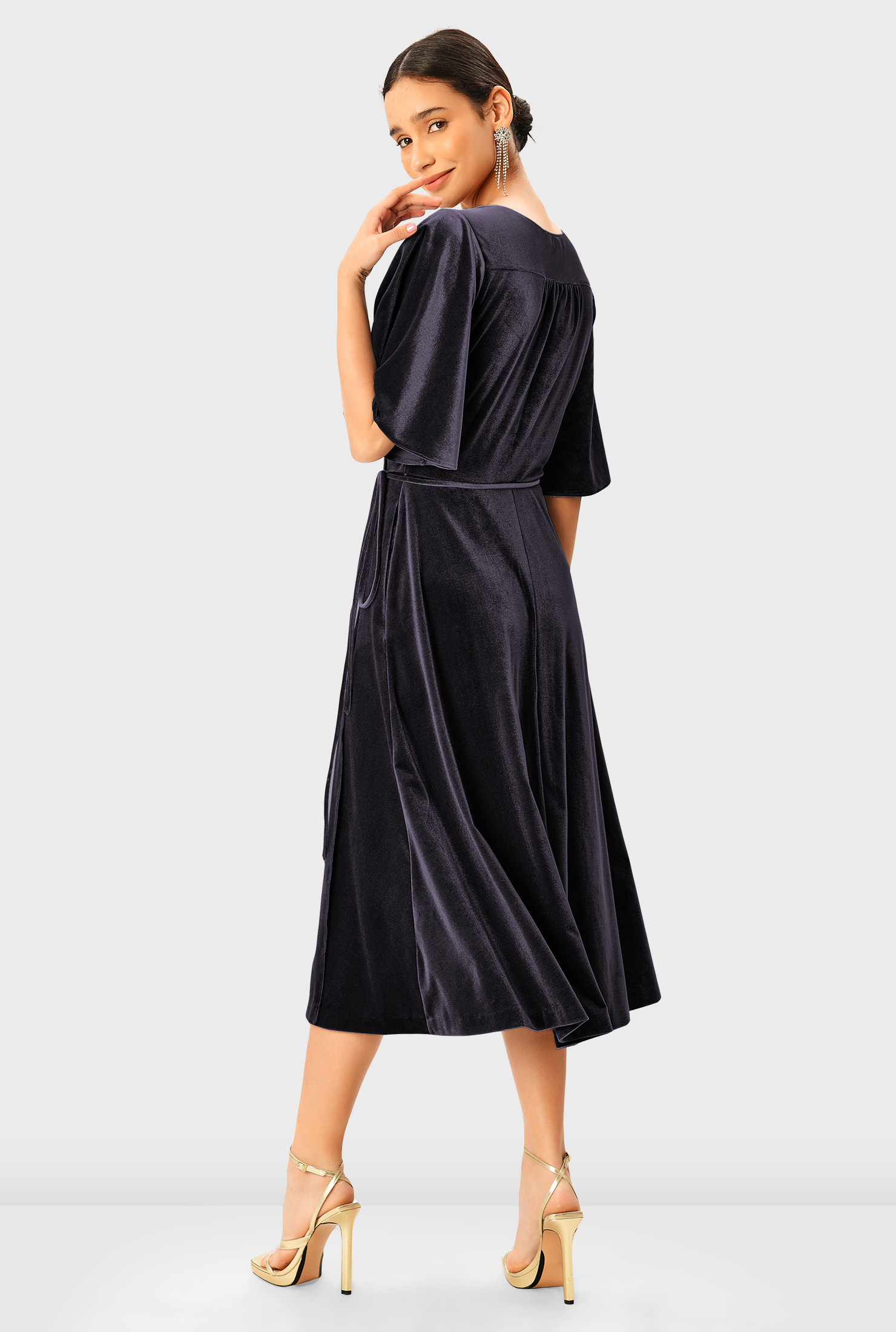 Shop Flutter sleeve stretch velvet wrap dress eShakti