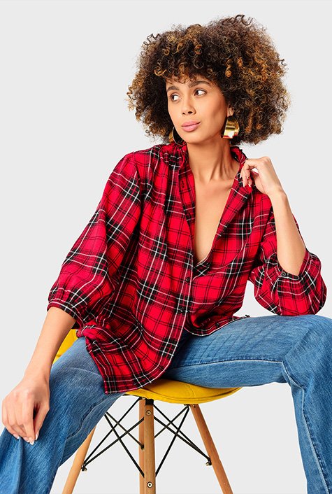 Shop Ruffle frill cotton flannel check shirt | eShakti