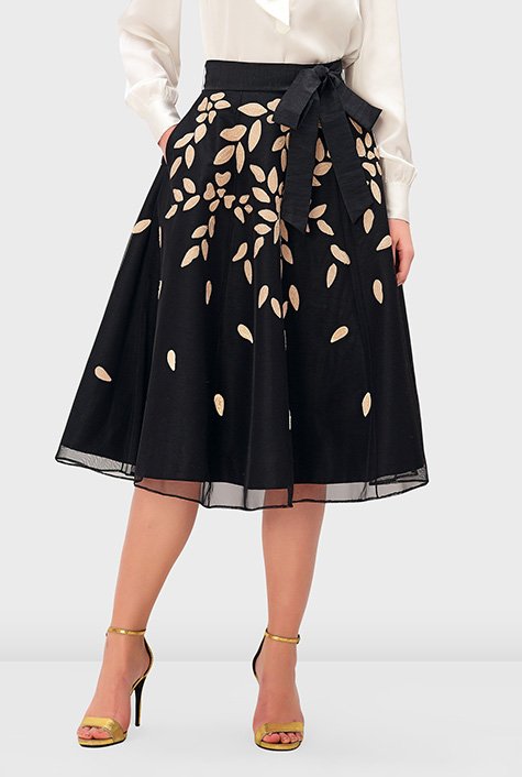 Floral embroidery sheer tulle and dupioni skirt