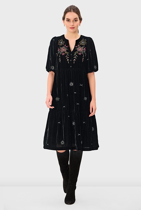 Floral embroidery tiered velvet dress