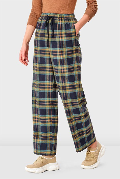 Shop Drawstring waist flannel check cotton pants | eShakti