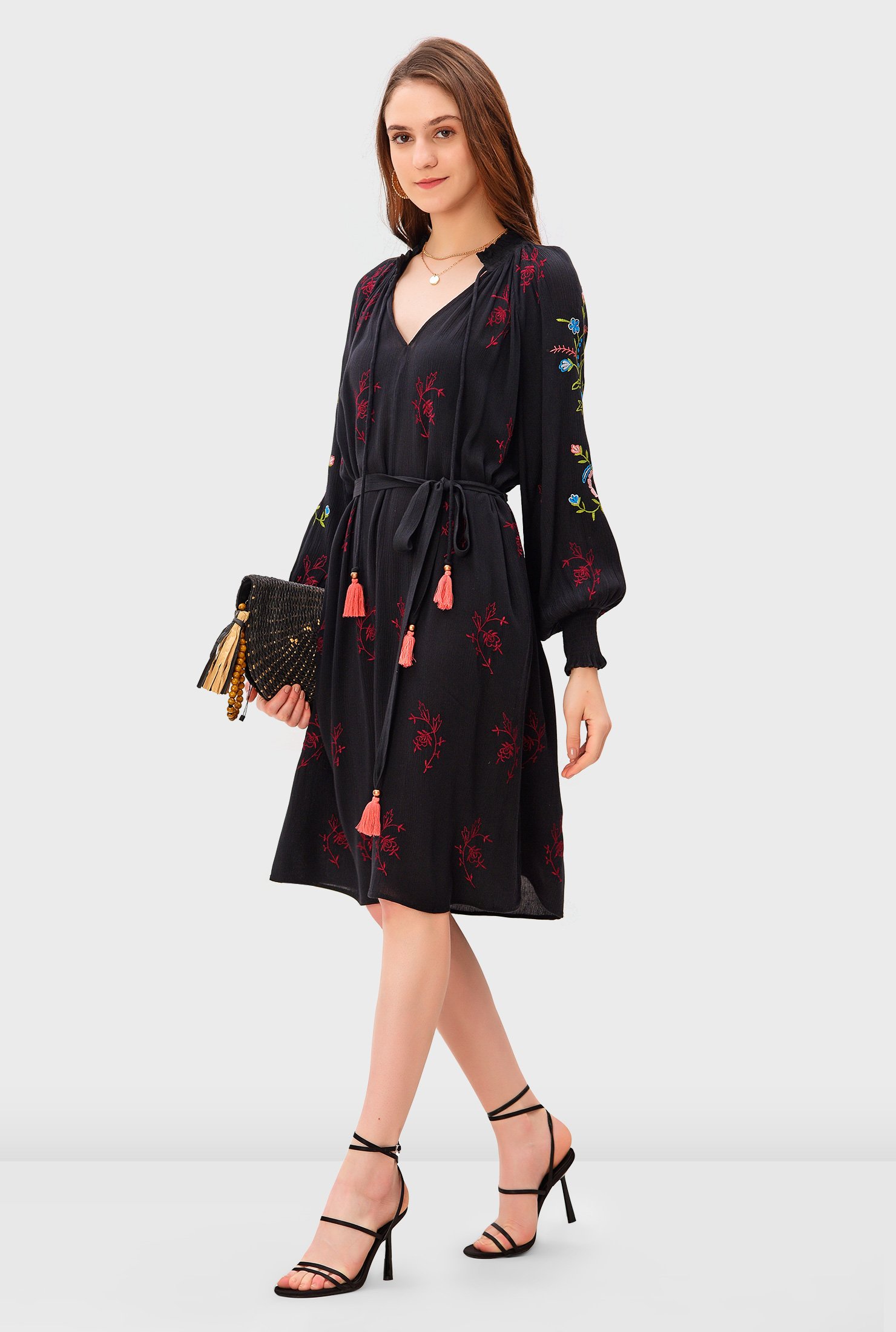 Shop Floral embroidery tassel tie rayon crinkle shift dress | eShakti