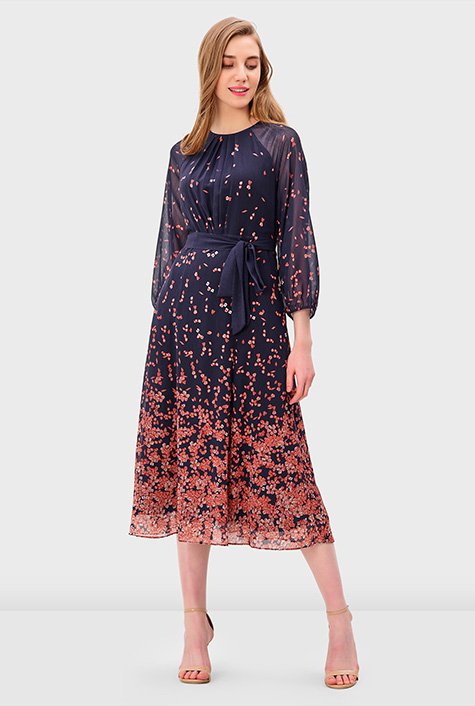 Shop Placed floral print georgette sash-tie dress | eShakti