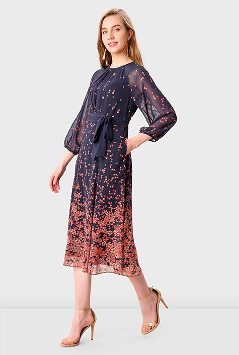 Shop Placed floral print georgette sash-tie dress | eShakti