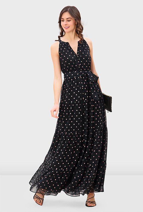 Polka dot print georgette ruched tier dress