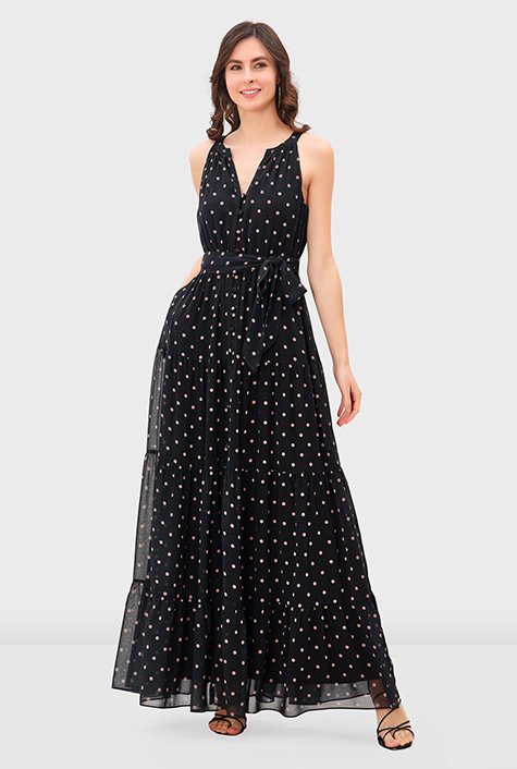 Shop Polka dot print georgette ruched tier dress eShakti