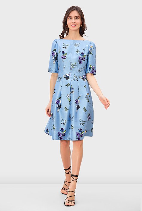 Shop Princess seamed floral print dupioni A-line dress | eShakti