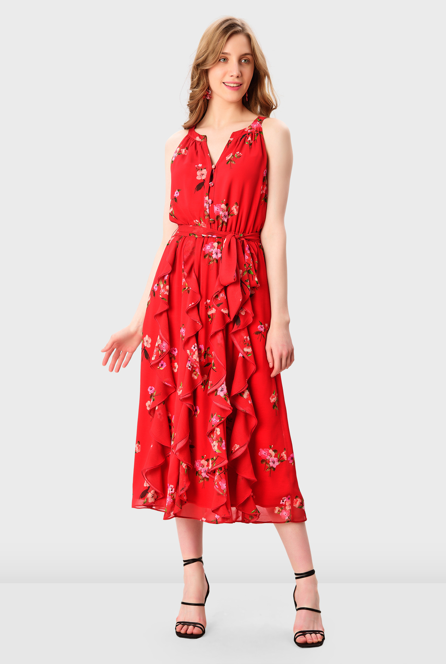 パーティードレス Floral-print Flared Cotton Dress Shop Hydrangea print georgette ruched tier dress | eShakti