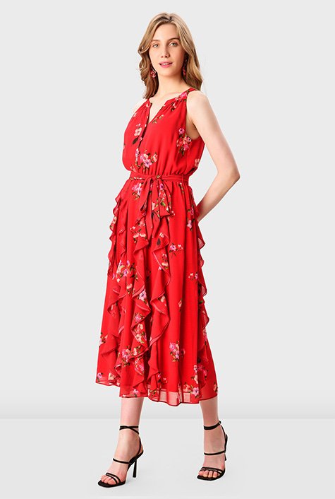 Eshakti Floral Print Georgette Ruffle Dress