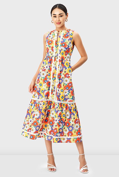 Lace trim floral print cotton poplin dress