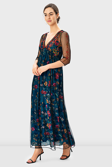 Shop Embellished tulle floral print georgette empire dress