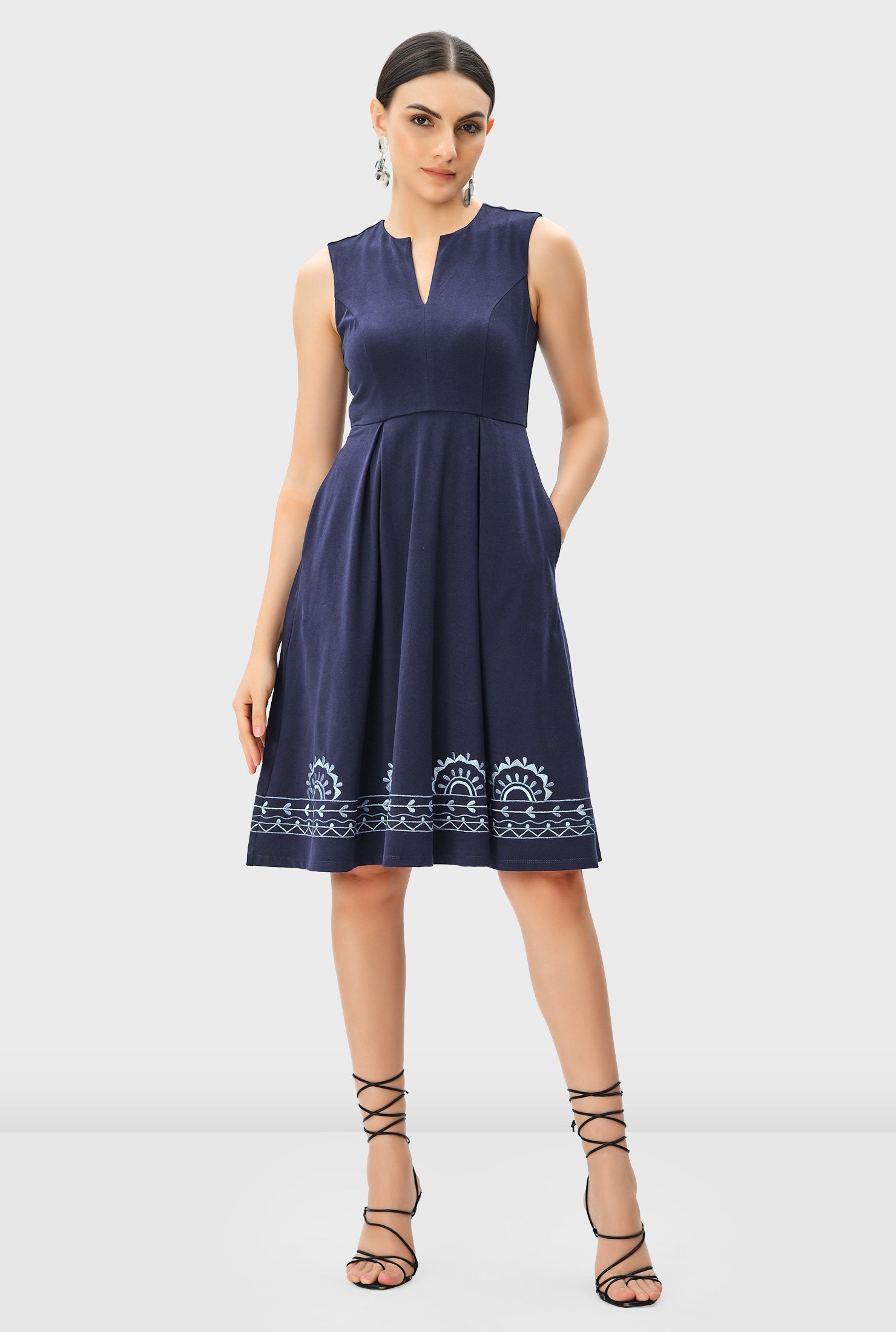 Shop Floral embroidery cotton jersey fit-and-flare dress | eShakti