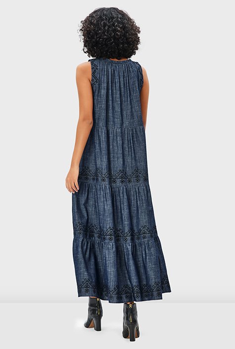 Shop Floral Embroidery Cotton Chambray Tiered Dress Eshakti