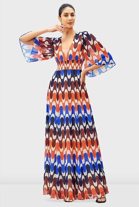 Multi-Coloured Printed Flared Dress With Belt