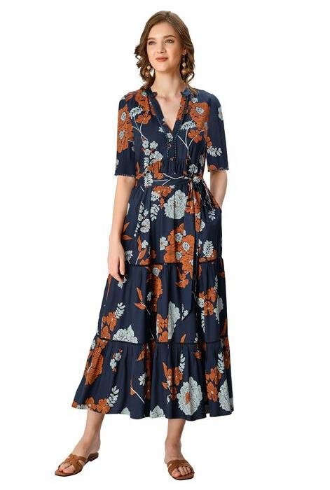 Shop Lace trim floral print tiered dress | eShakti